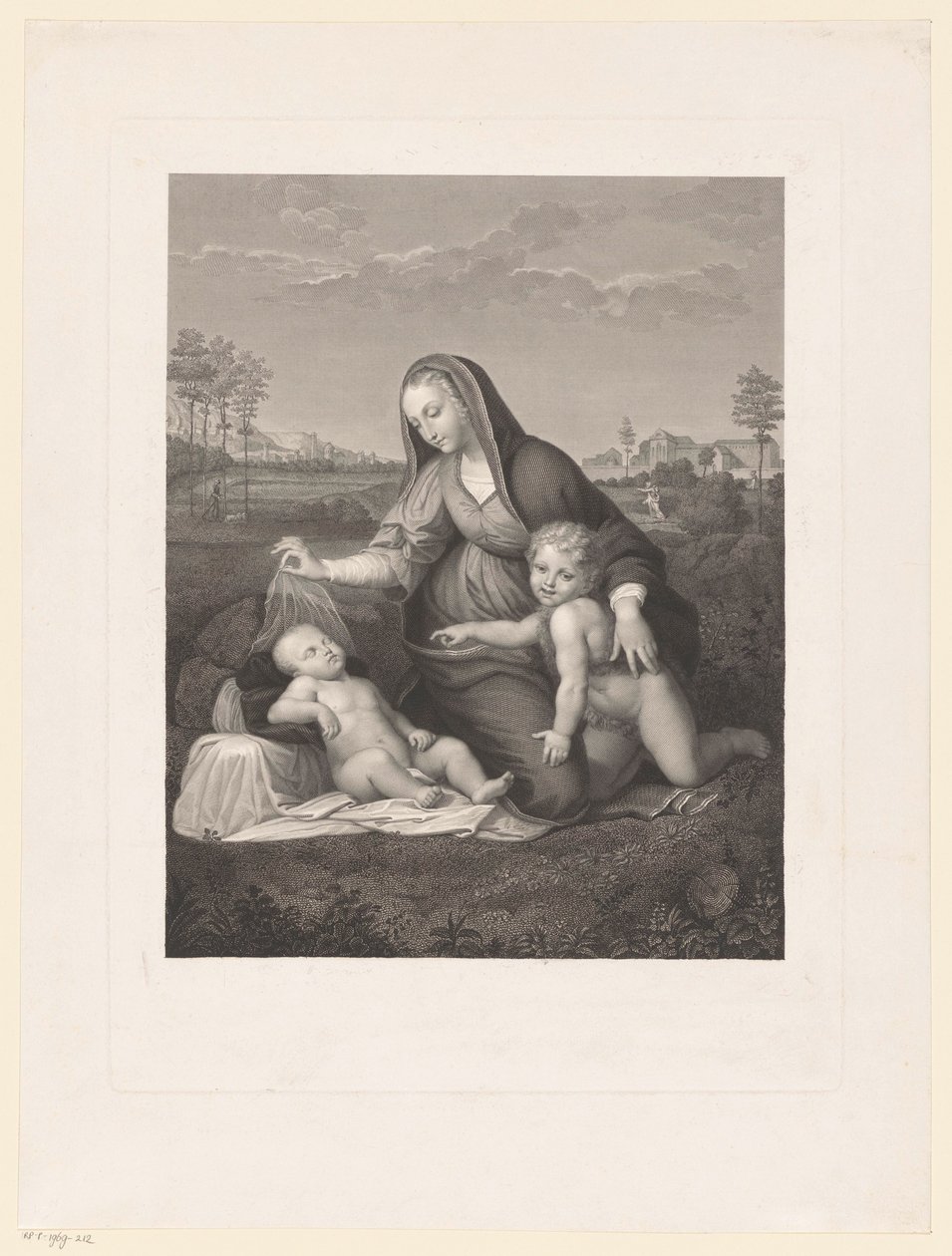 Maria med barn og den unge Johannes Døberen i et landskab Madonna del Velo af Giuseppe Longhi