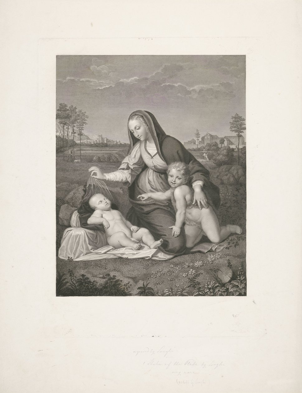 Maria med barn og den unge Johannes Døberen i et landskab Madonna del Velo af Giuseppe Longhi