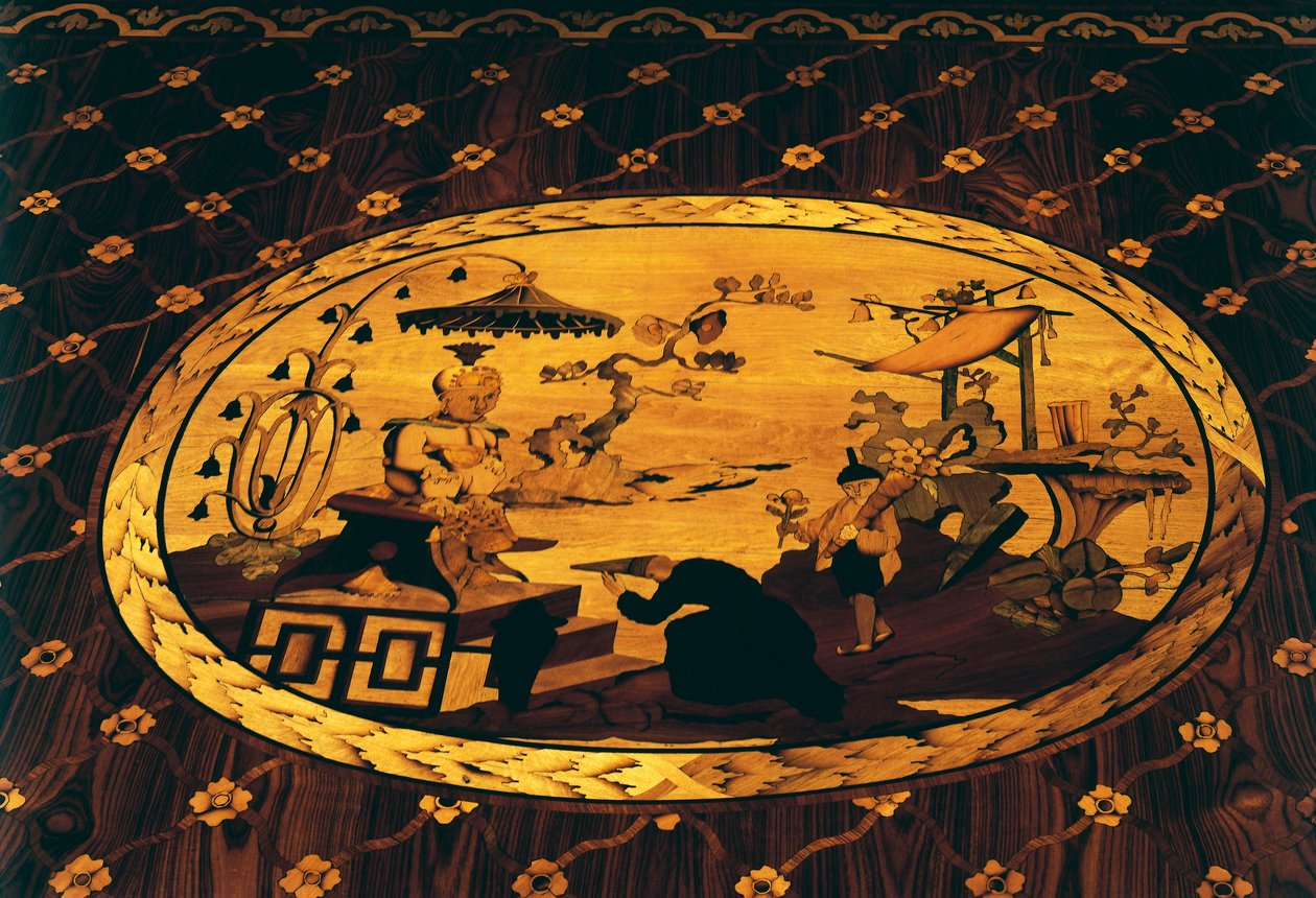 Kinesisk inspireret scene, detaljer fra skrivebord af Giuseppe Maggiolini (1738-1814) med indlæg fra design af Giuseppe Levati (1739-1828), doneret af ærkehertug Ferdinand til kejserinde Maria Theresa af Østrig, Italien af Giuseppe Maggiolini