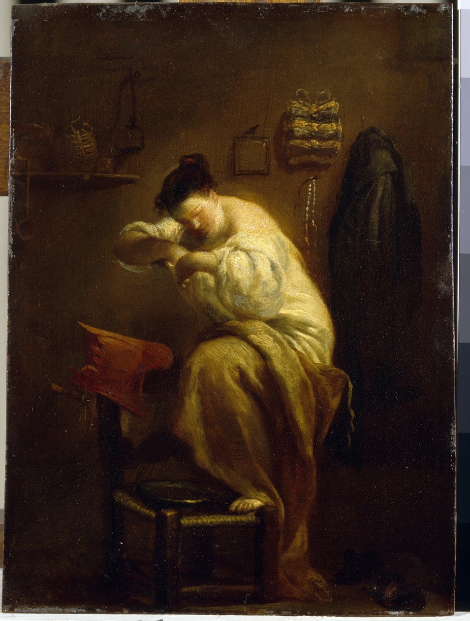 Kvinde leder efter lopper. (Kvinde leder efter lopper). Maleri af Giuseppe Maria Crespi (1665-1747), olie på lærred, ca. 1710. Italiensk kunst (Bologna) af Giuseppe Maria Crespi