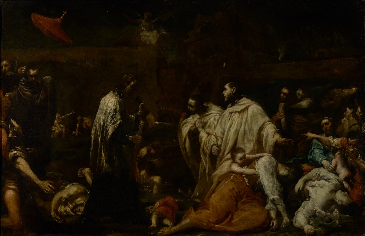 Den velsignede Bernard Tolomei går i forbøn for pestens ophør i Siena, ca. 1735 (olie på kobber) af Giuseppe Maria Crespi