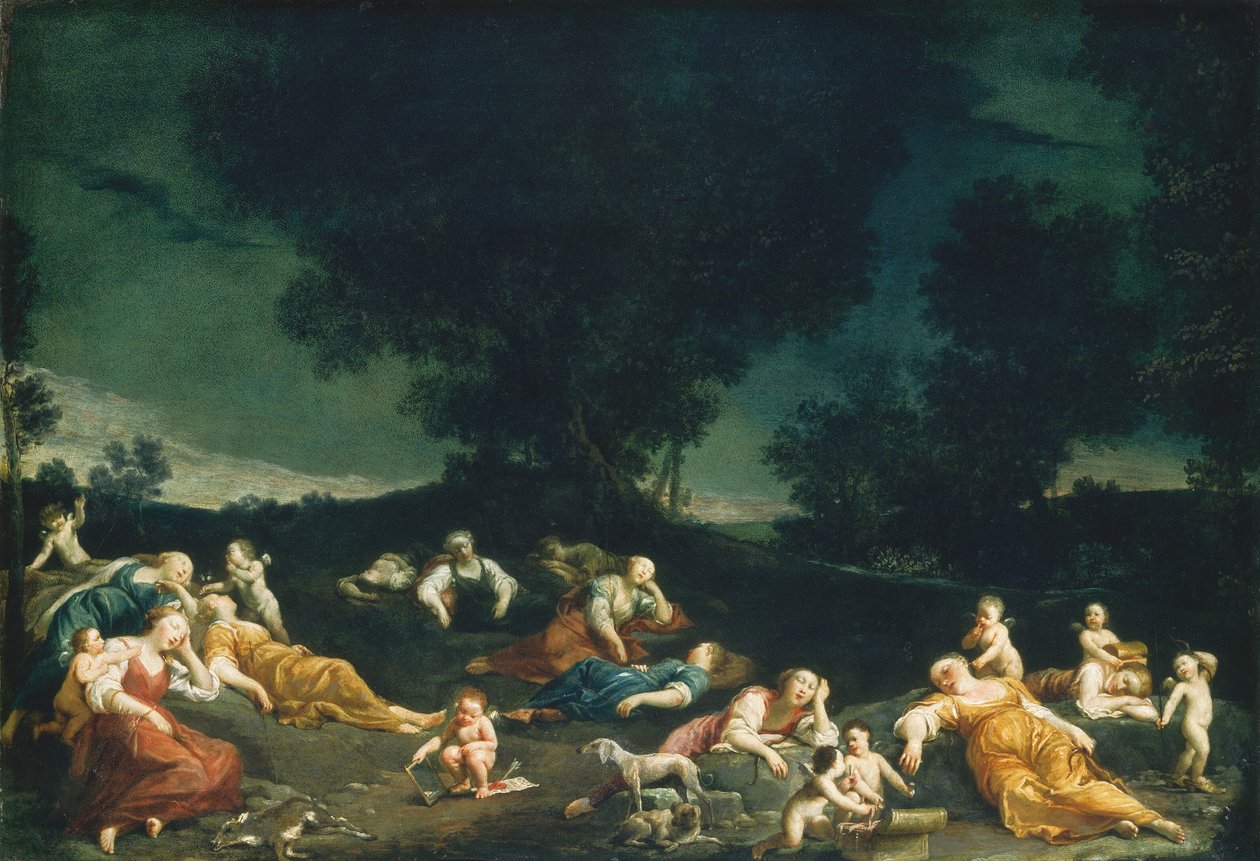 Amorer afvæbner sovende nymfer, ca. 16901705. af Giuseppe Maria Crespi