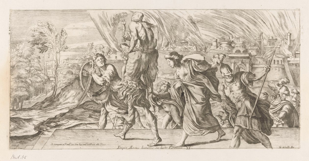 Aeneas vlucht med zijn familie ud af Troje Redning af Aeneas fra fjendens forældres skuldre (titel på objekt) Omzwervingen van Aeneas (serietitel) L