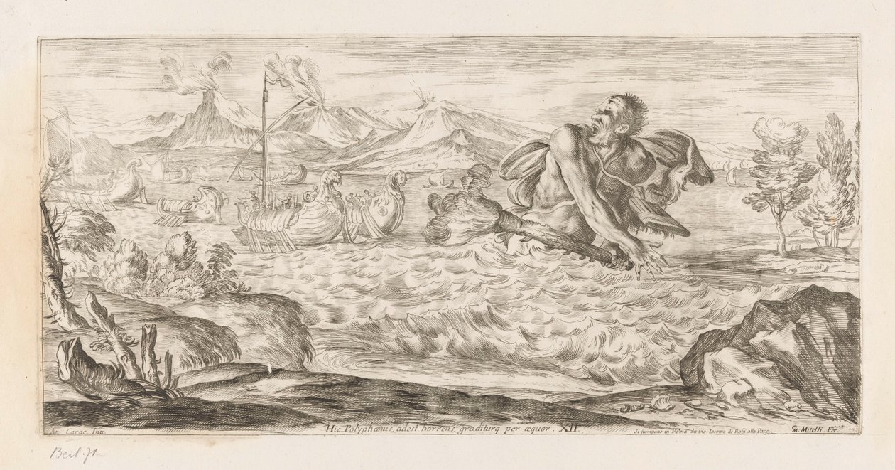 Polyphemus achtervolgt de vloot af Aeneas Her er Polyphemus til stede, rædselsfuld, skridende over sletten (titel på objekt) Omzwervingen van Aeneas (serietitel) L