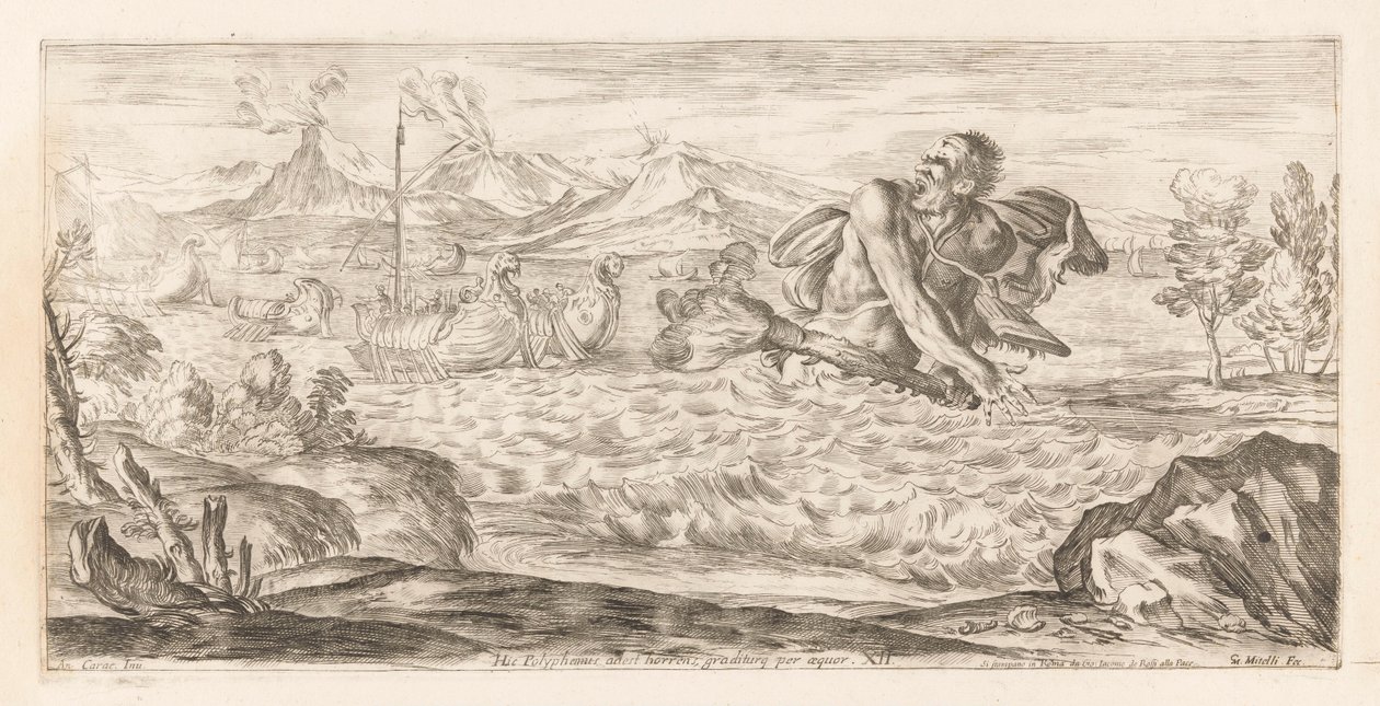 Polyphemus achtervolgt de vloot af Aeneas Her er Polyphemus til stede, rædselsfuld, skridende over sletten (titel på objekt) Omzwervingen van Aeneas (serietitel) L
