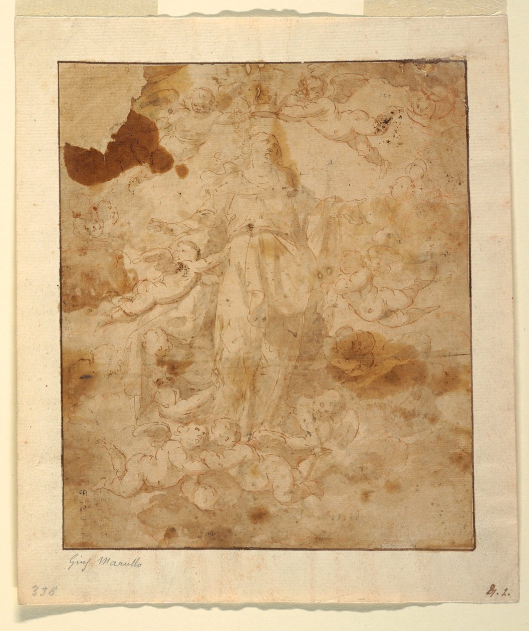 Tegning, studie til Jomfruens himmelfart, 1650-85 af Giuseppe Marullo