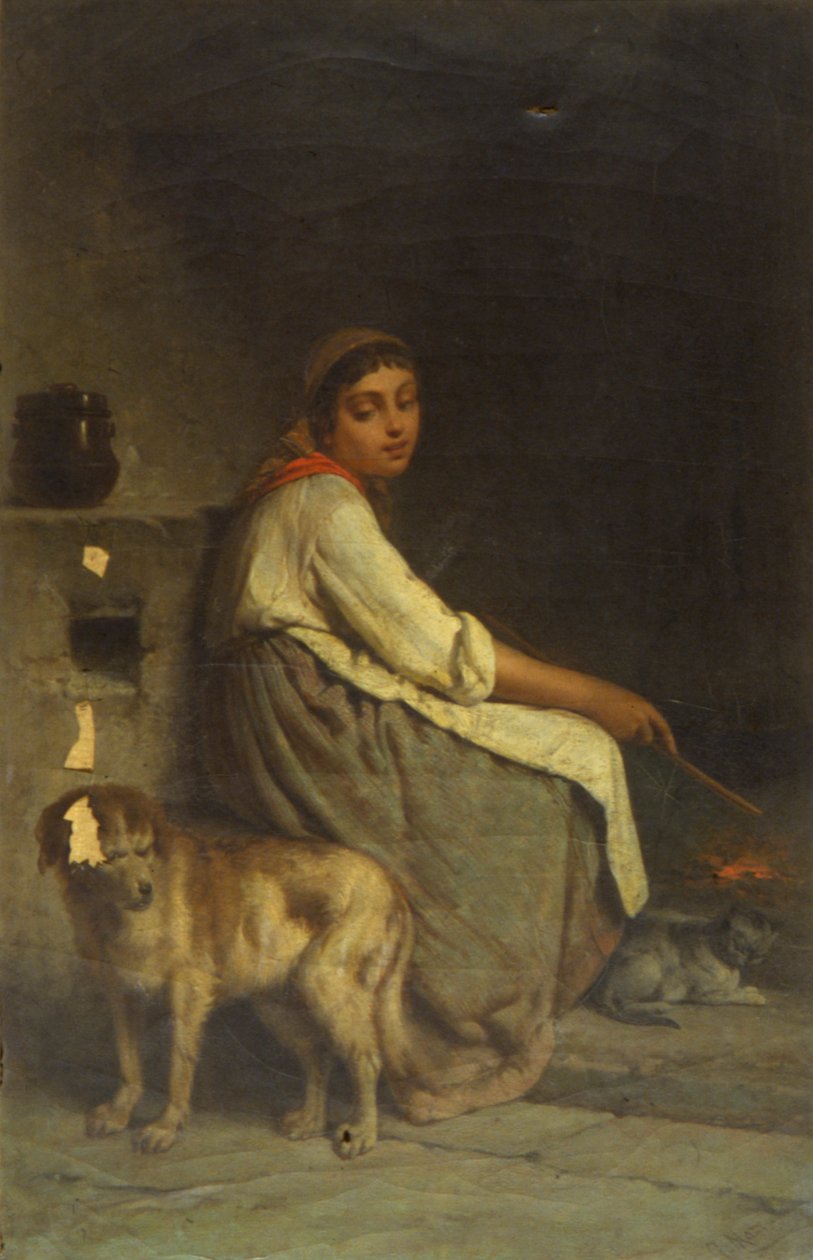 Kvinde med hund og kat ved pejs af Giuseppe Mazza