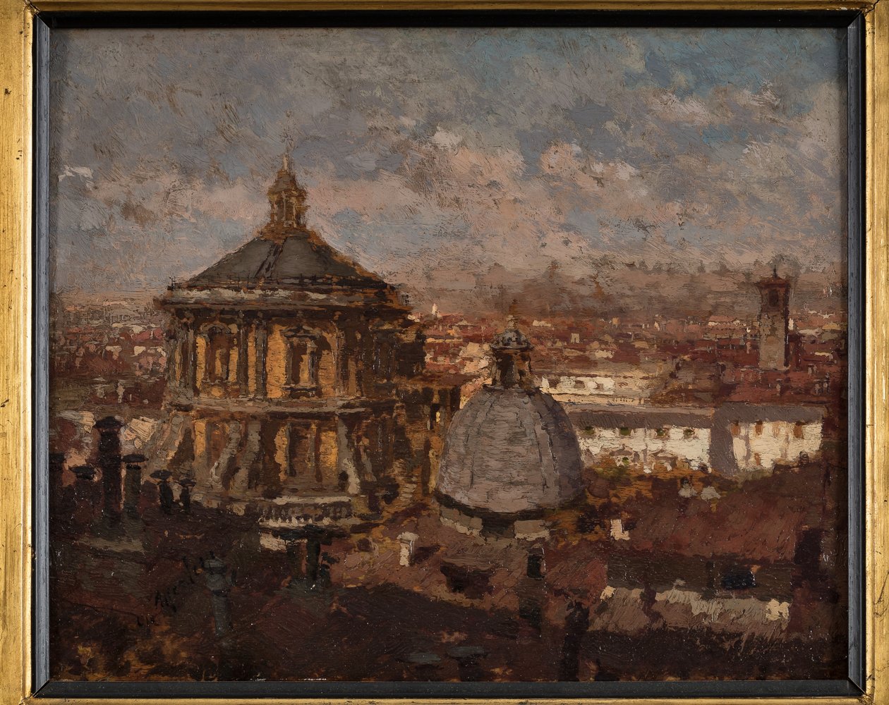 Domes of Saint Sebastian Church i Milano (olie om bord) af Giuseppe Mentessi