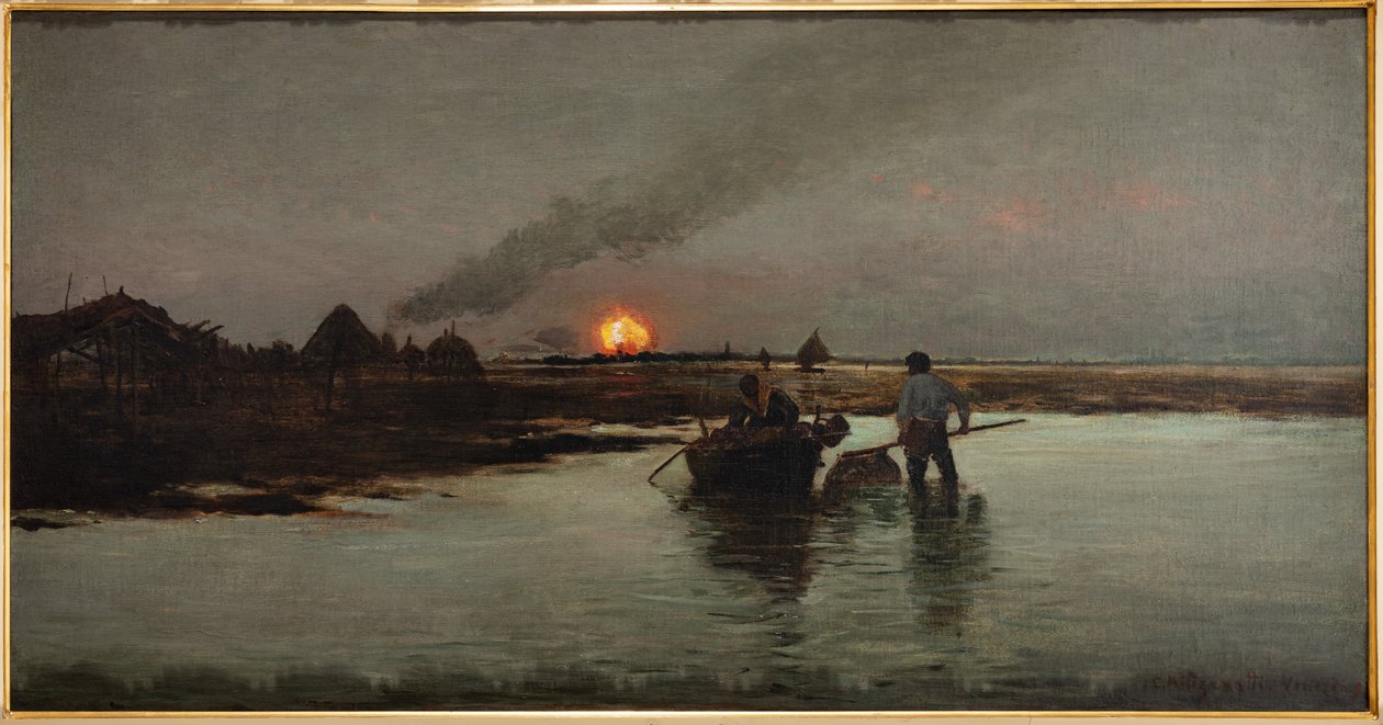 Fiskeri ved solnedgang (olie på lærred) af Giuseppe Miti Zanetti