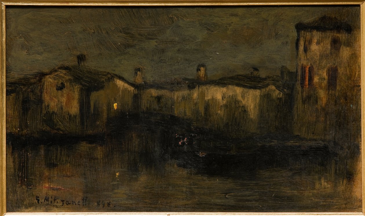 Landskab med huse (olie på pap) af Giuseppe Miti Zanetti