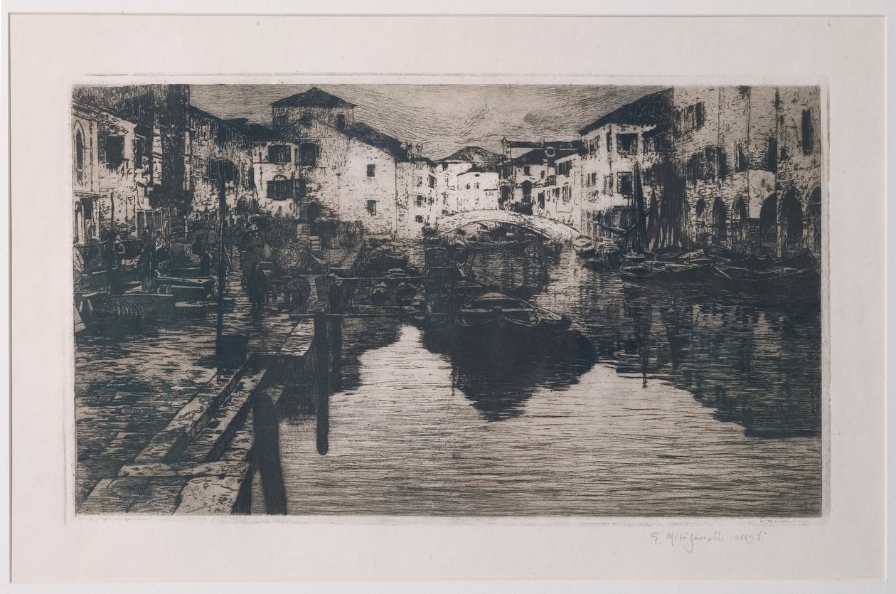 Fiskemarkedskanalen i Chioggia (ætsning på hvidt papir) af Giuseppe Miti Zanetti