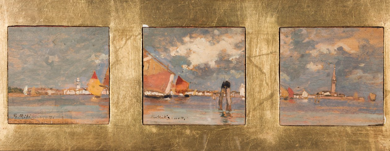 Triptyque med lagune (olie på krydsfiner) af Giuseppe Miti Zanetti