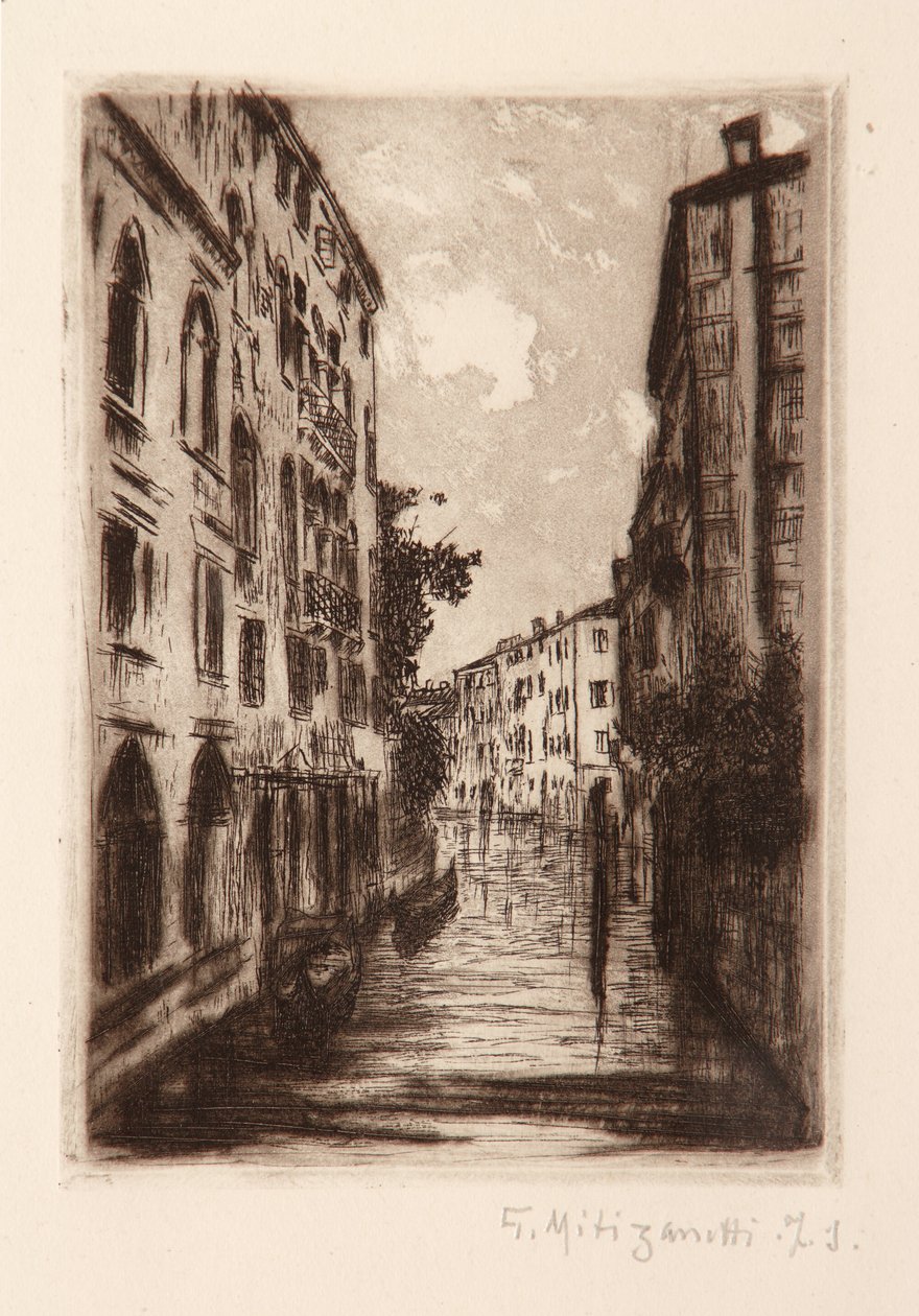 Venetiansk kanal (ætsning på hvidt papir) af Giuseppe Miti Zanetti