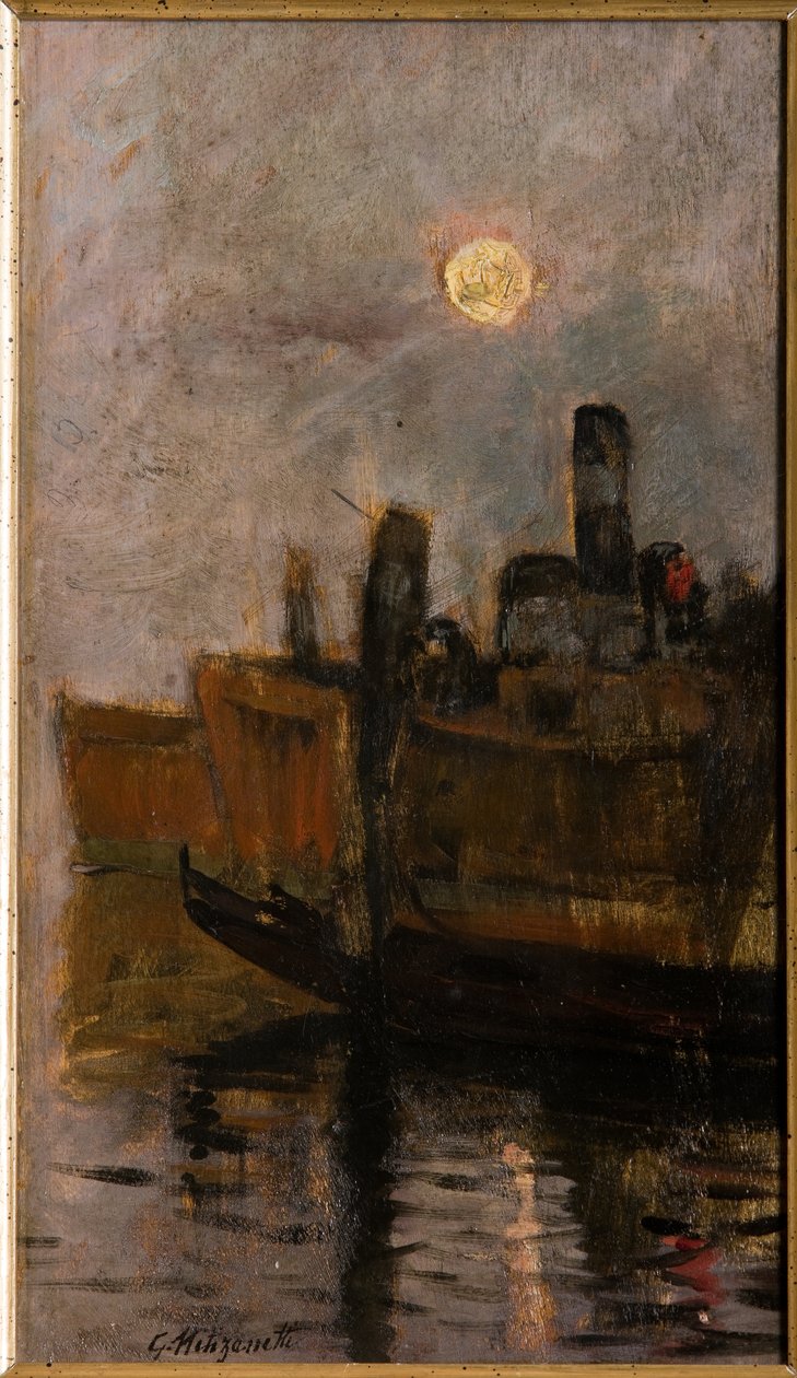 Venetiansk kanal (olie på pap) af Giuseppe Miti Zanetti
