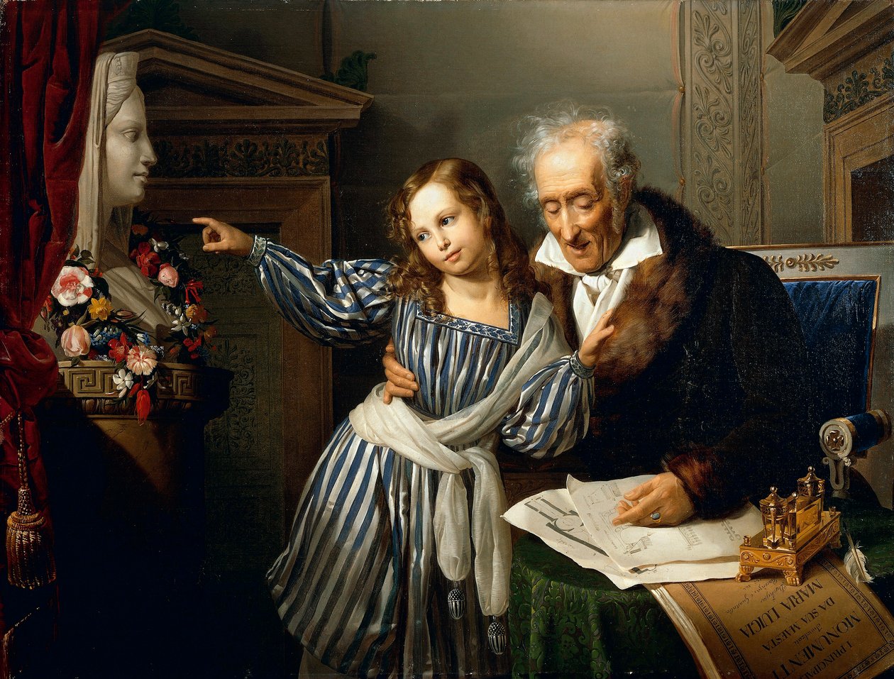 Gammel mand, der peger på Maria Luigias Herm til sit barnebarn, af Giuseppe Molteni, cirka 1830, olie på lærred af Giuseppe Molteni