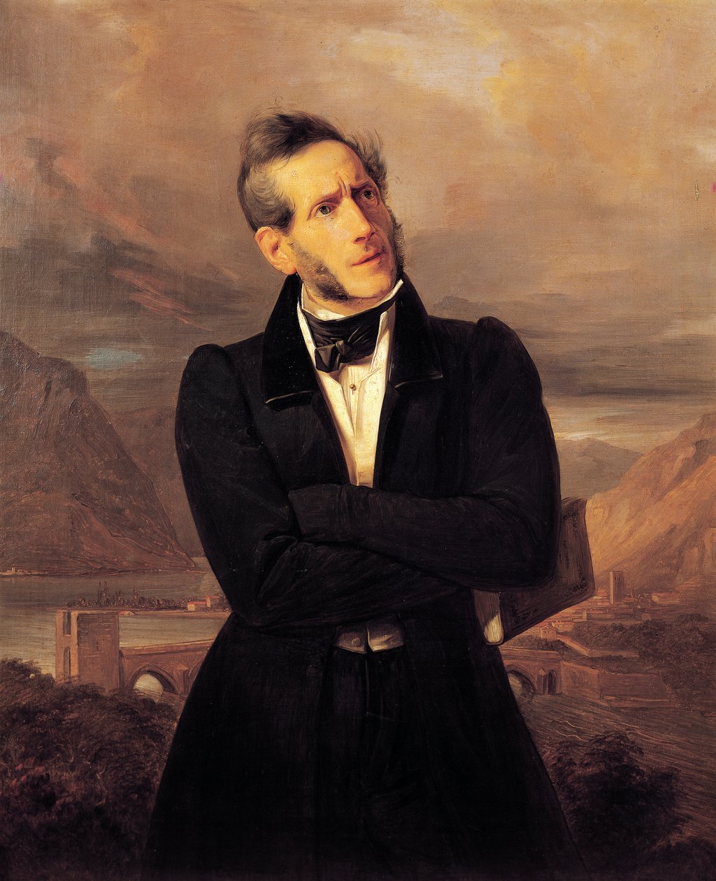 Portræt af Alessandro Manzoni med udsigt over Lecco, maleri af Giuseppe Molteni (1800-1867), landskab malet af Massimo d