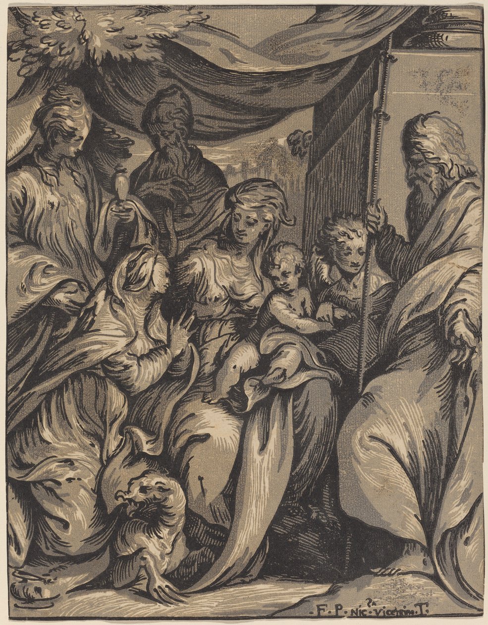 Jomfruen og barnet med hellige af Giuseppe Nicolo Vicentino, after Camillo Boccaccino