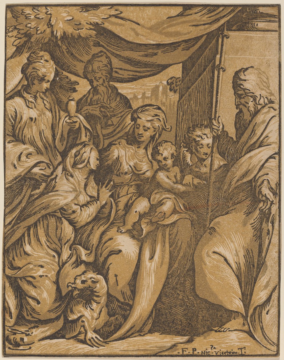 Jomfruen og barnet med hellige af Giuseppe Nicolo Vicentino, after Camillo Boccaccino