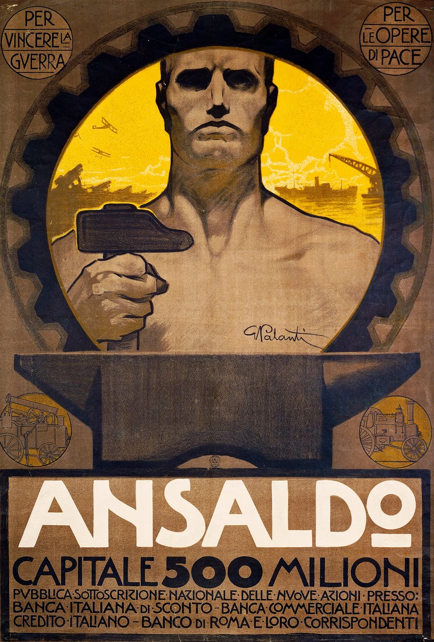 Arbejder med hammer og ambolt, plakat af Ansaldo fra Genova for tegning af nye aktier af Giuseppe Palanti