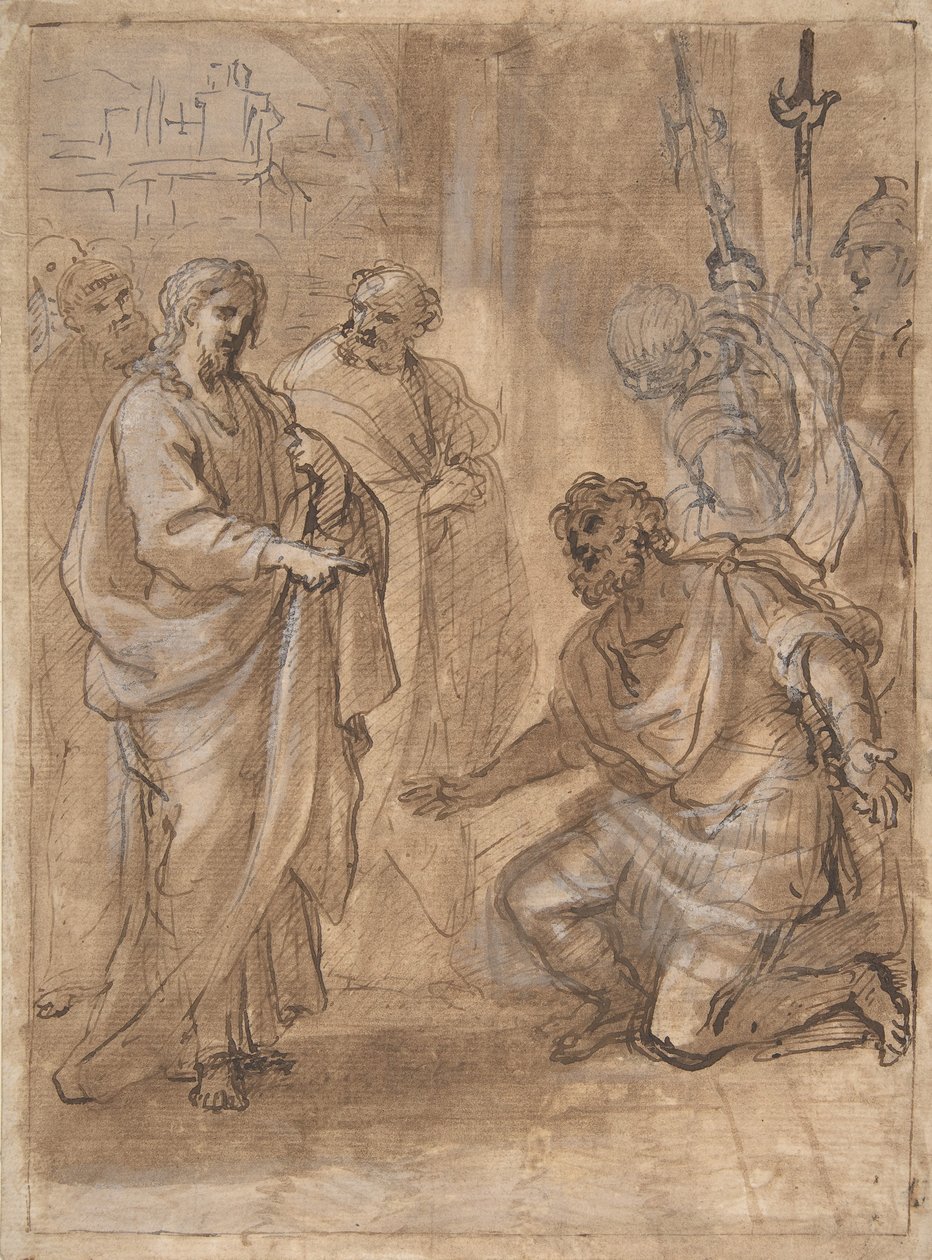 Christ and the Centurion recto, figur vinker til afgående skib verso., n.d.. af Giuseppe Passeri