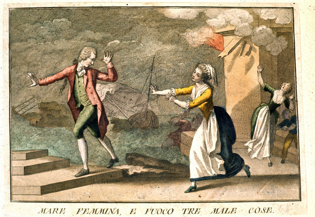 Ordsproget: "Havet, kvinderne og ilden: de tre onder". 1700-tals gravering, der illustrerer en række ordsprog. Giuseppe Piattoli (1740/50-1818). af Giuseppe Piattoli