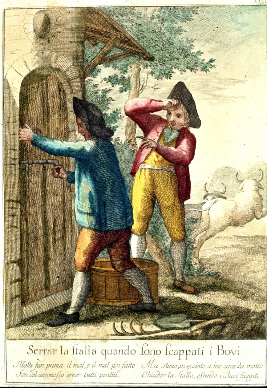 "Det nytter ikke noget at lukke stalden, når hestene er undsluppet." 1700-tals gravering, der illustrerer en række ordsprog. Giuseppe Piattoli (1740/50-1818) af Giuseppe Piattoli
