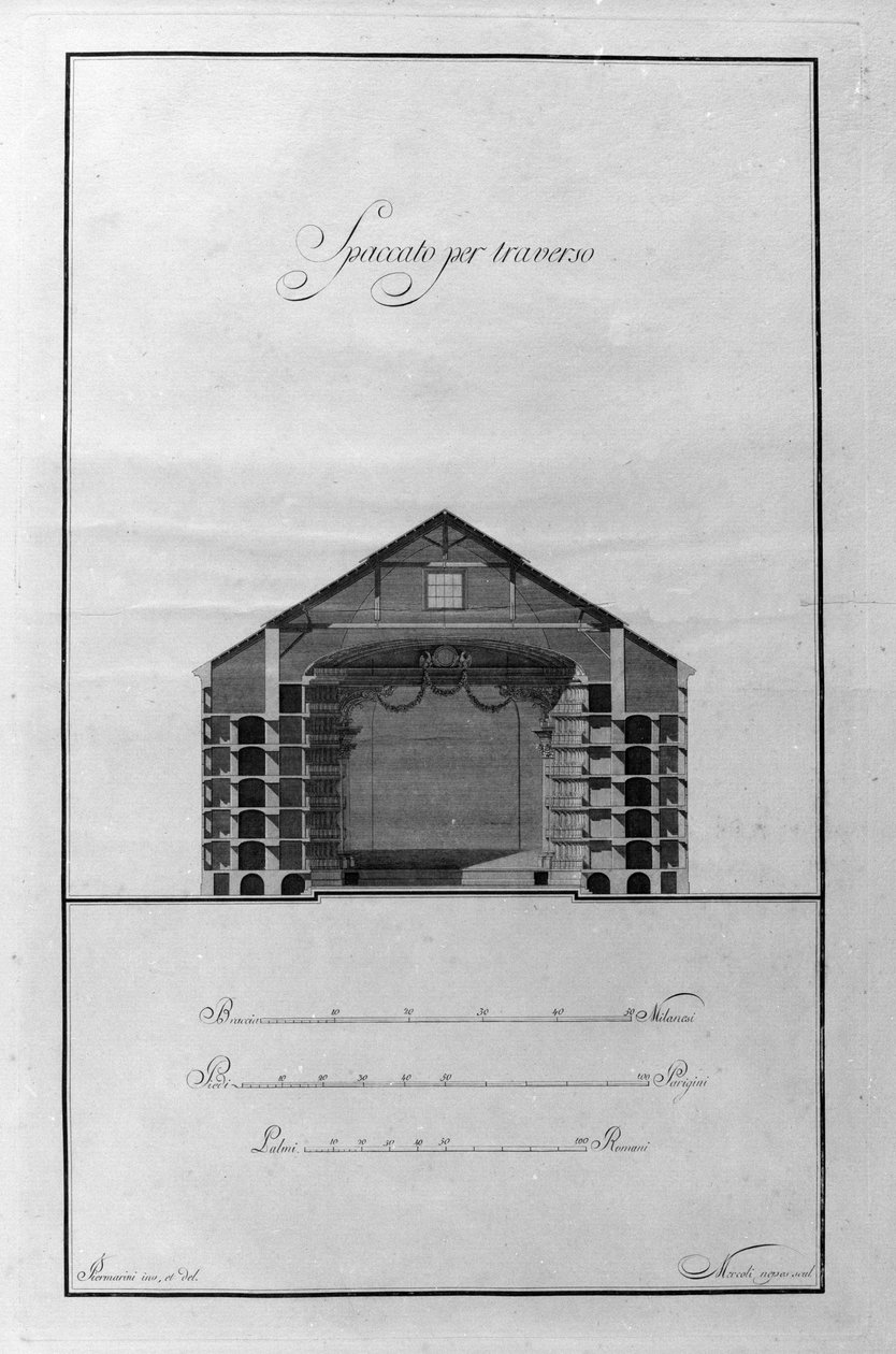 Architectural Cup of the Theatre of La Scala af Giuseppe Piermarini (1734-1808) omkring 1776-1778 Milano, Italien (Arkitektur udskåret tegning af teater alla Scala af Piermarini, Milano, Italien) Gravering af Giuseppe Piermarini
