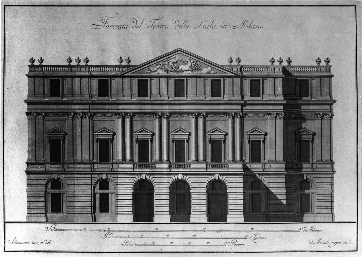 Tegning af den udvendige arkitektur af facaden på Teatro alla Scala (Theatre de la Scala) i Milano realiseret af Giuseppe Piermarini (1734-1808). af Giuseppe Piermarini