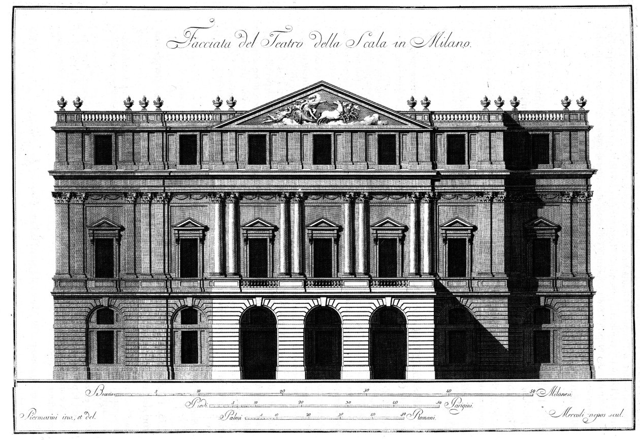 Tegning af den udvendige arkitektur af facaden på Teatro alla Scala (Theatre de la Scala) i Milano realiseret af Giuseppe Piermarini (1734-1808). af Giuseppe Piermarini