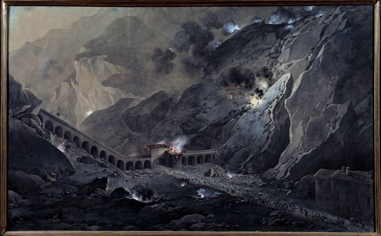Første italienske kampagne (1796-1797): "" Passage af fransk artilleri, om natten, under Fort of Bard, besat af østrigerne den 21. maj 1800"" Akvarel gouachee af Giuseppe Pietro Bagetti (1764-1831) Søn. 1,04x0,74 m Versailles, Musee du Chateau - Gran af Giuseppe Pietro Bagetti