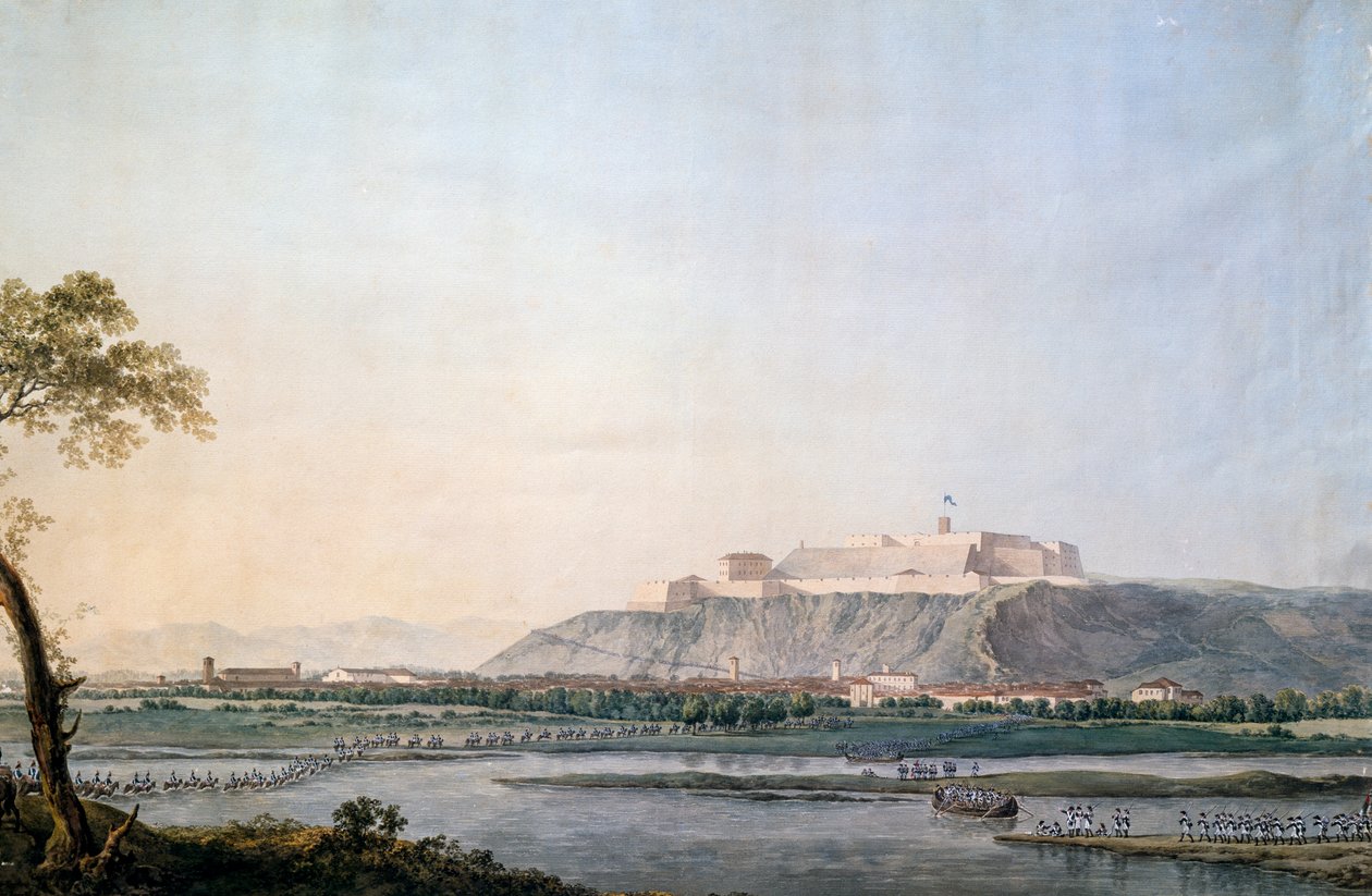Fransk hær krydser Scrivia, maleri af Giuseppe Pietro Bagetti (1764-1831), Napoleonskrigene, Italien af Giuseppe Pietro Bagetti