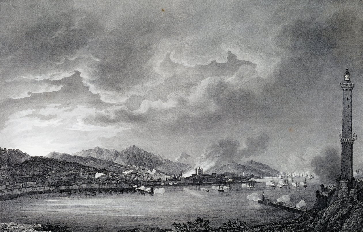 Genova bliver bombarderet af engelsk flåde, 25. maj 1800, stålstik fra tegning af Giuseppe Pietro Bagetti (1764-1831), Paris af Giuseppe Pietro Bagetti