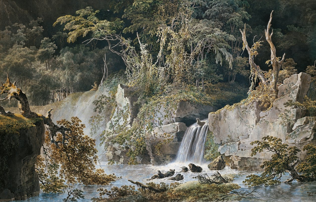Landskab med vandfald, af Giuseppe Pietro Bagetti (1764-1831). af Giuseppe Pietro Bagetti