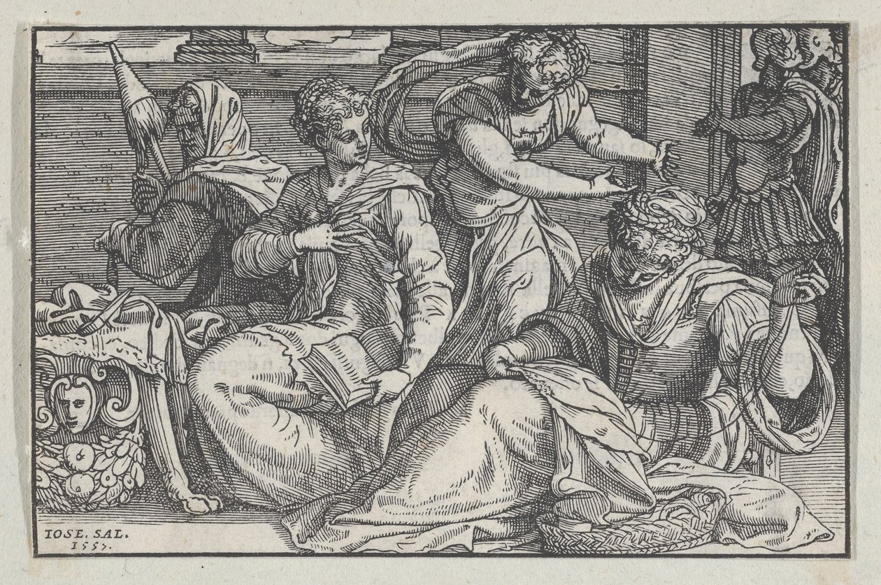 Lucretia instruerer sine døtre i håndarbejde, 1557. af Giuseppe Porta
