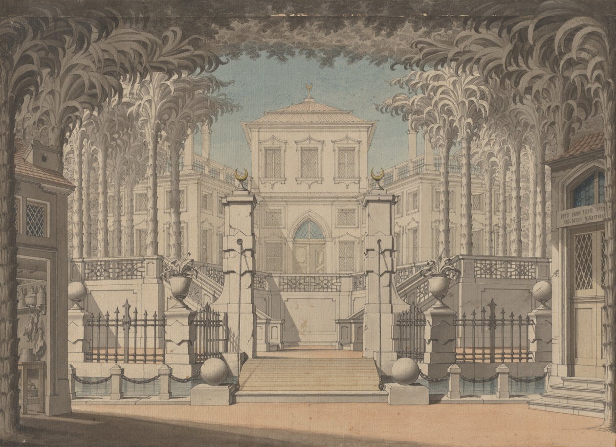 Et tyrkisk palads (sandsynligvis for Mozarts "Bortførelse fra Seraglio") af Giuseppe Quaglio