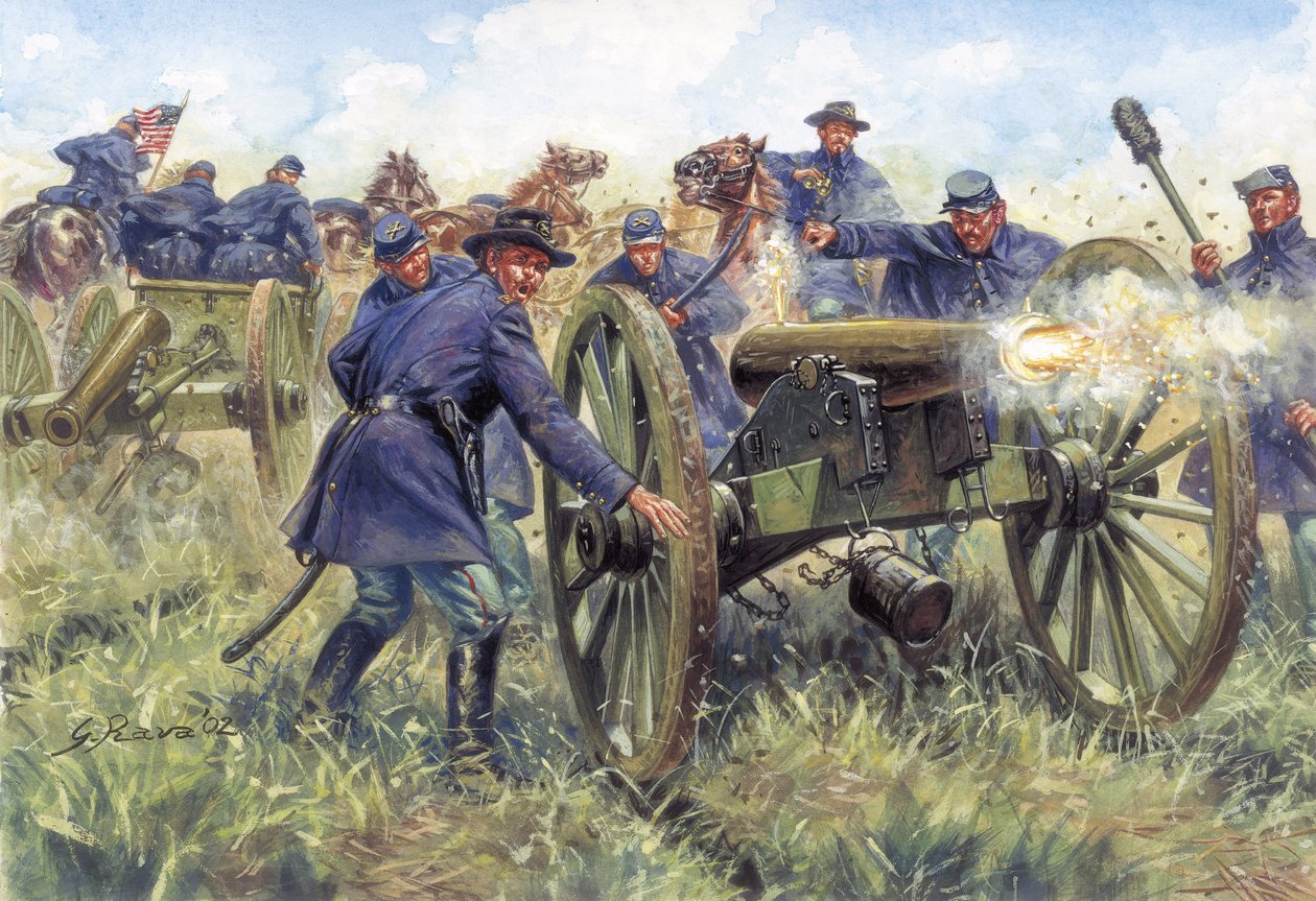 Den amerikanske borgerkrig: Soldater fra Nordstaterne (Unionen) bruger et gevær under et slag - Illustration af Giuseppe Rava af Giuseppe Rava