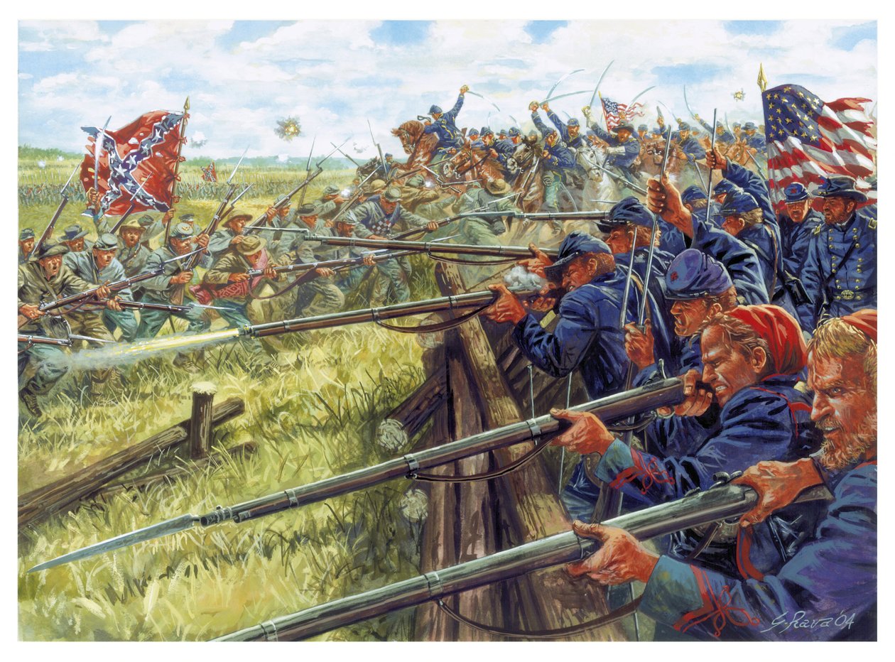Den amerikanske borgerkrig: kamp mellem de grå (til venstre konføderationens soldater) og de blå (Unionens soldater) og de blå (Unionens soldater) - Illustration af Giuseppe Rava af Giuseppe Rava