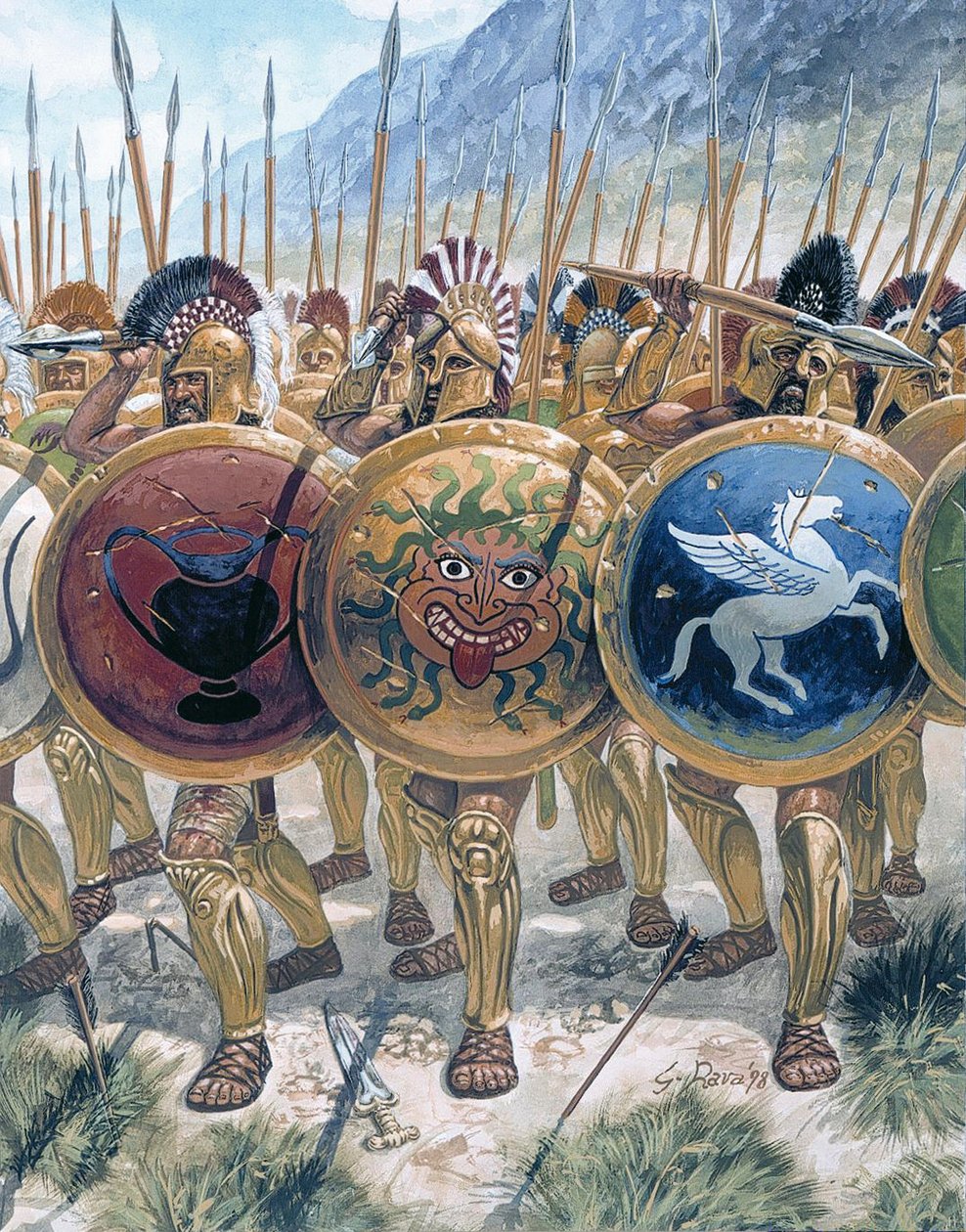 Antikkens Grækenland: hoplitternes fremmarch - Antikkens Grækenland: græske hoplitter - Illustration af Giuseppe Rava af Giuseppe Rava