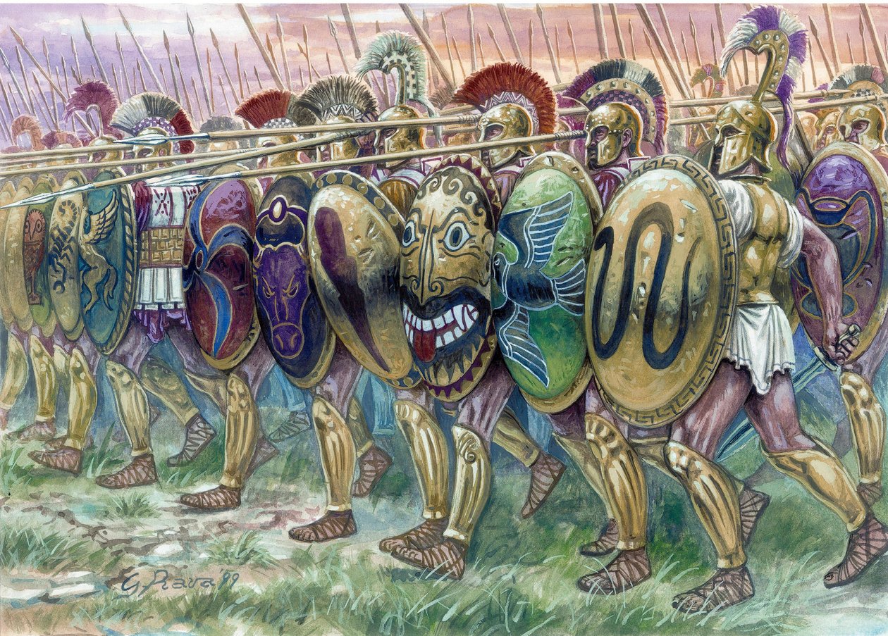 Antikkens Grækenland: hoplitternes angreb, infanterister med tunge våben - hoplitternes angreb, græske infanterister - Illustration af Giuseppe Rava af Giuseppe Rava