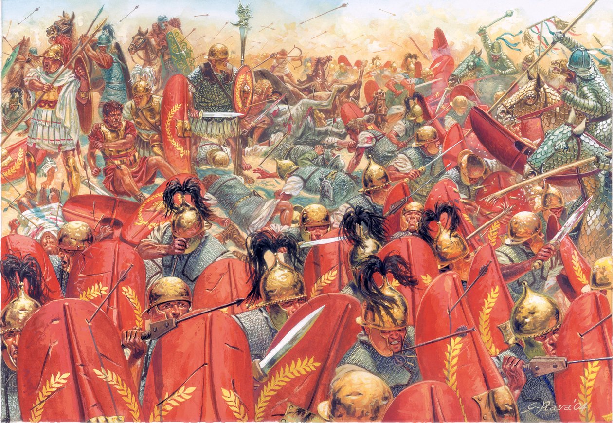Det gamle Rom: Slaget ved Carrhes (eller Charan), hvor de romerske legioner under general Crassus besejrede partherne under ledelse af general Surena den 9. juni. af Giuseppe Rava