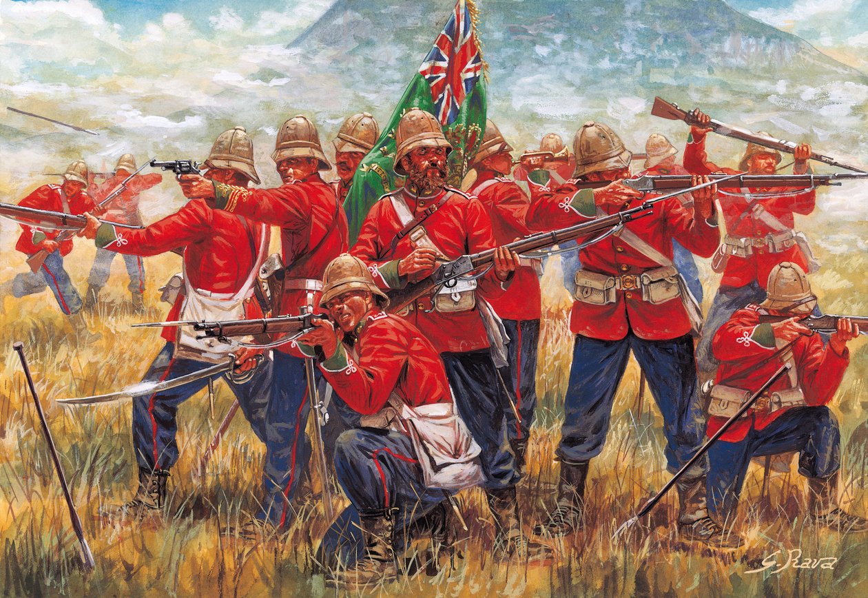 Anglo-Zulu-krigen: Soldater fra det britiske imperium i slaget ved Isandhlwana (Isandlwana eller Isandula) i Sydafrika, 22.01.1879 - Anglo-Zulu-krigen: Soldater fra det britiske imperium, slaget ved Isandlwana den 22. januar 1879 - Illustration af Giuseppe af Giuseppe Rava