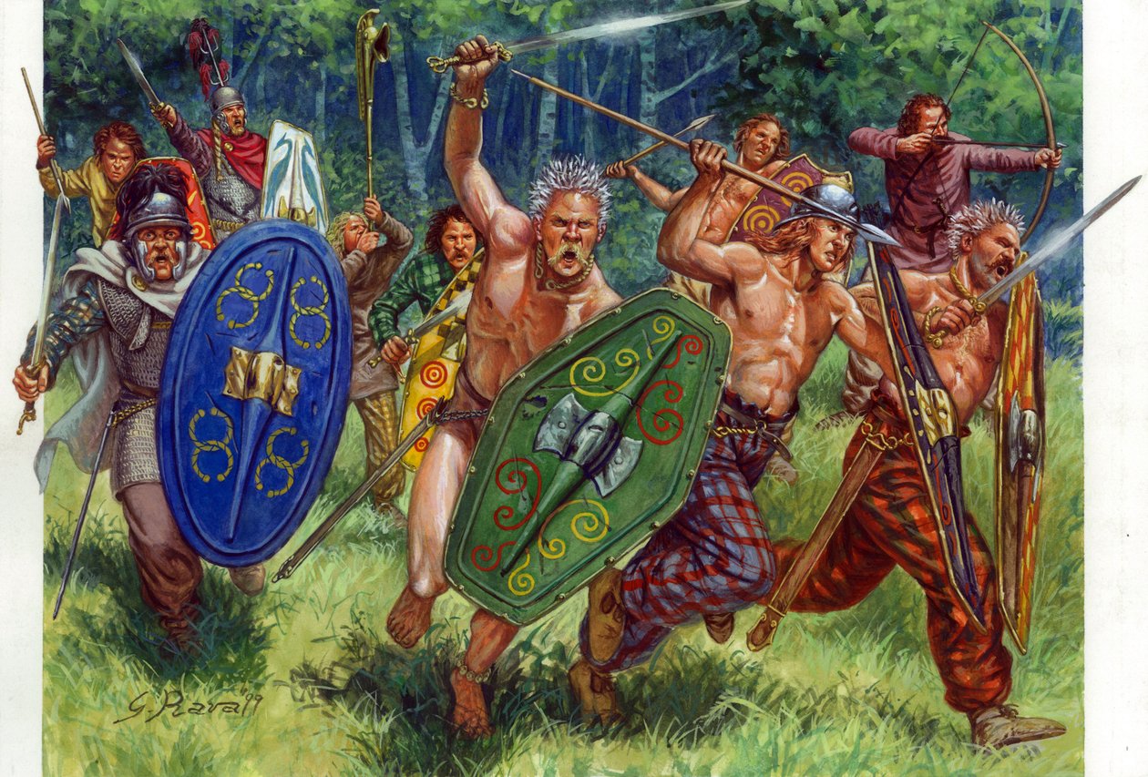Antiquite: galliske krigere angriber, til venstre i et sting - galliske krigere angriber, en af dem til venstre bærer en ringbrynje - Illustration af Giuseppe Rava af Giuseppe Rava