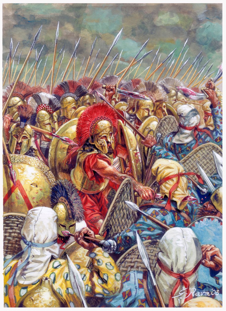 Slaget ved Thermopylæ: Den spartanske hær under ledelse af Leonidas I kæmper sammen med grækerne mod perserne i 480 f.Kr (Persian Wars/Battle of Thermopylae 480 BC - (Den spartanske konge Leonidas og hans mænd falder i slaget) - Illustration by Giusep af Giuseppe Rava