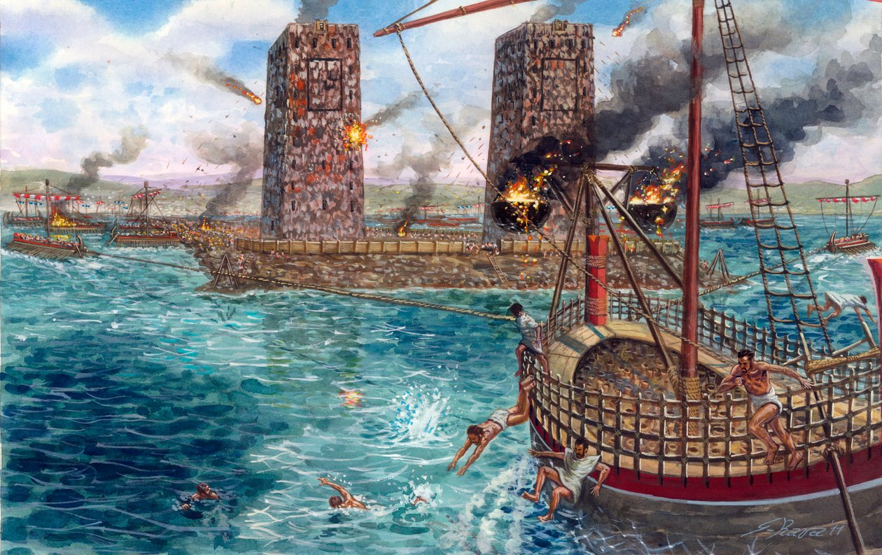 Erobringen af det persiske imperium: Kong Alexander den Stores (356-323 f.Kr.) belejring af Tyrus i 332 f.Kr. - Alexander den Stores belejring af Tyrus i 332 f.Kr. under hans felttog mod perserne - Illustration af Giuseppe Rava af Giuseppe Rava