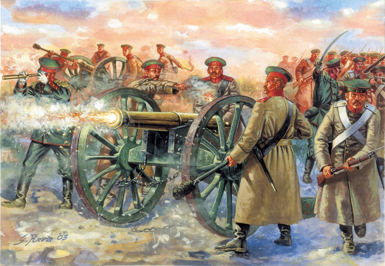 Krimkrigen: Russisk artilleriherre i slaget ved Balaklava den 25.10.1854 - Krimkrigen: russiske soldater under slaget ved Balaklava den 25. oktober 1854 - Illustration af Giuseppe Rava af Giuseppe Rava