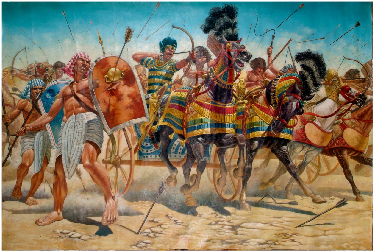 Egyptisk antikvitet: repræsentation af farao Ramses II (1304-1213 f.Kr.) med sin hær, der styrer kampvogne under slaget ved Qadesh i 1274 f.Kr. - Farao Ramses II (1303 f.Kr. ð 1213 f.Kr.) og hans hær under slaget ved Kadesh i 1274 f.Kr. i det gamle Egypten af Giuseppe Rava