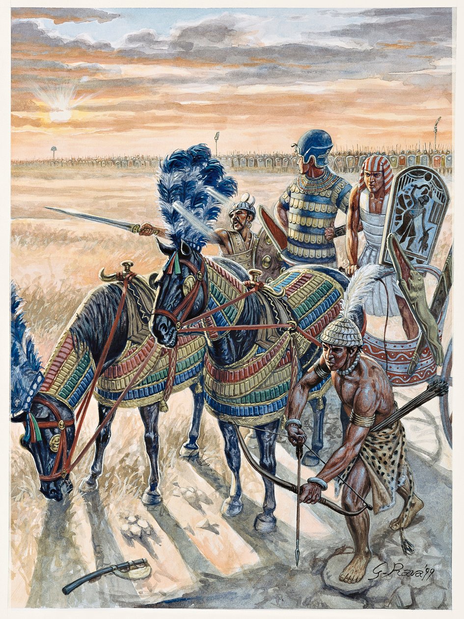 Egyptisk antikvitet: repræsentation af Farao Ramses II (1304-1213 f.Kr.) med sin hær - Farao Ramses II (1303 f.Kr.-1213 f.Kr.) og hans hær i det gamle Egypten - Illustration af Giuseppe Rava af Giuseppe Rava
