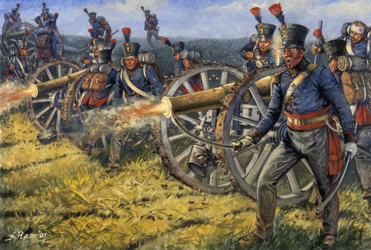 Det første imperium: Hollandske belgiske artillerisoldater affyrer kanonskud i slaget ved Waterloo 18/06/1815 - First empire: soldater fra det belgiske og hollandske artilleri skyder med kanon under slaget ved Waterloo den 18. juni 1815 - Illustration af G af Giuseppe Rava