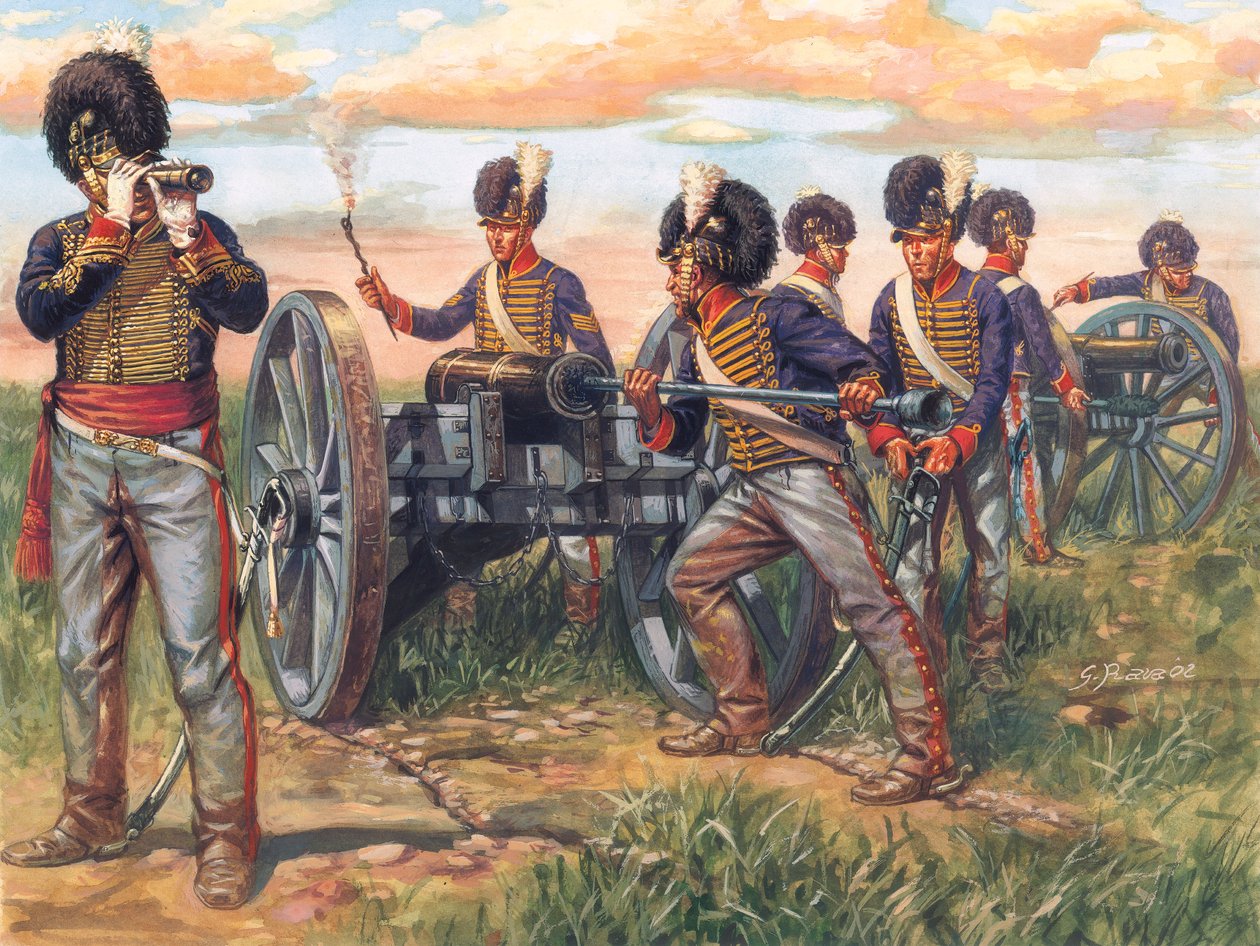 Det første imperium: Engelske artillerisoldater lader en kanon under slaget ved Waterloo i 1815 - First empire: soldater fra den britiske hær lader en kanon under slaget ved Waterloo i 1815 - Illustration af Giuseppe Rava af Giuseppe Rava