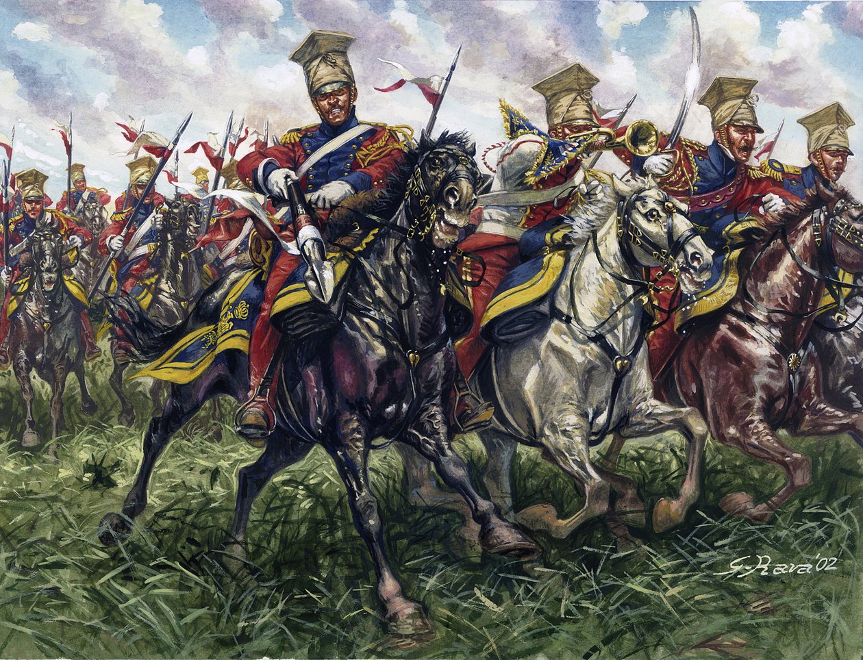 Første kejserrige: Den kejserlige gardes Red Lancers eller Regiment of Horse-Legers under slaget ved Waterloo den 18/06/1815 - Første kejserrige: Den kejserlige gardes 2. regiment of light cavalry lancers (Red Lancers eller Red Lancers) under slaget ved Wa af Giuseppe Rava